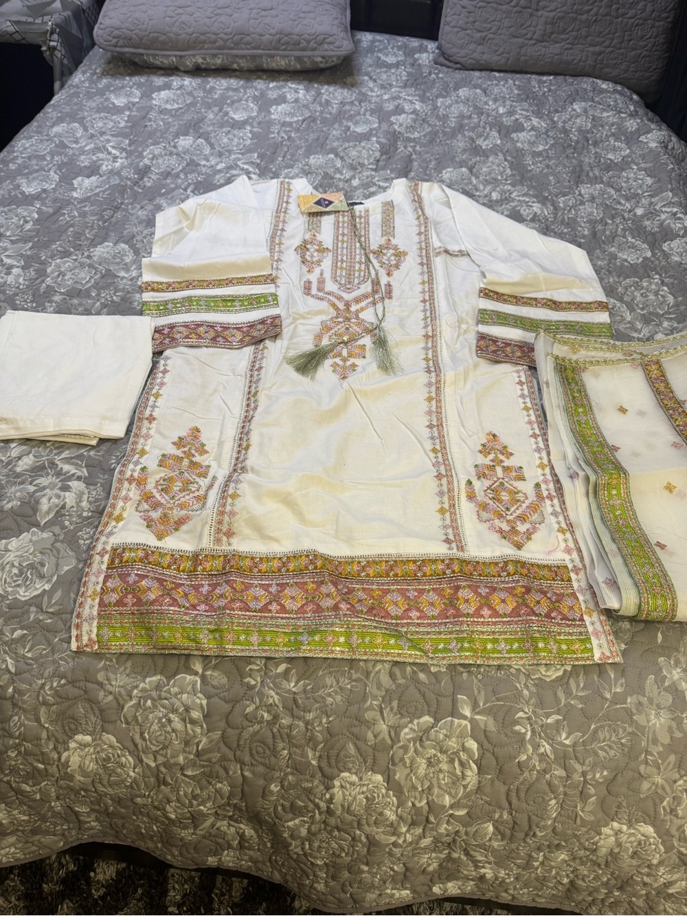 Embroidered Cream Kurta with Green & Pink Accents
